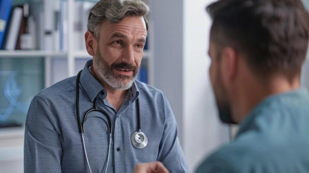 middle aged man talking to a doctor